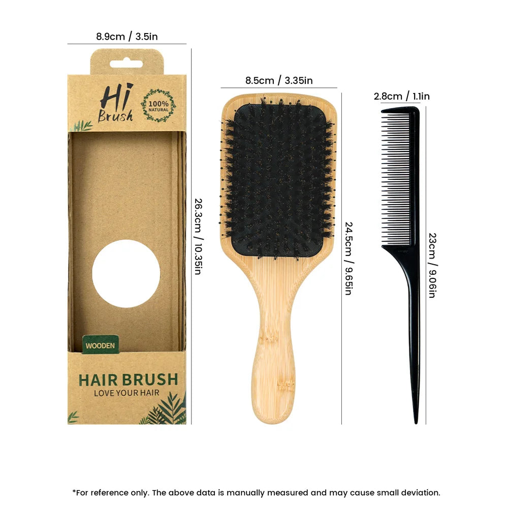 2-in-1 100% Natural Wooden Hair Brush & Rat Tail Comb Set - Professional Bristle Brush for Detangling, Scalp Massage & Hair Care