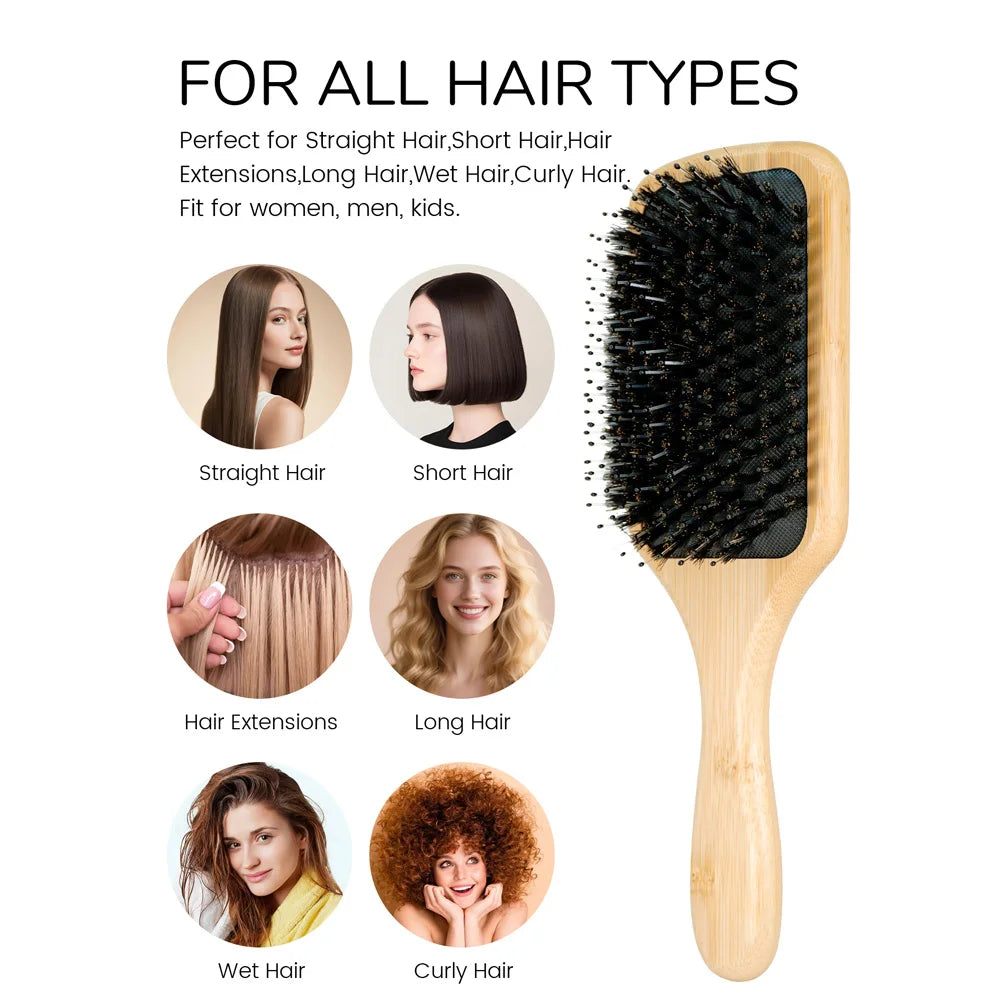 2-in-1 100% Natural Wooden Hair Brush & Rat Tail Comb Set - Professional Bristle Brush for Detangling, Scalp Massage & Hair Care