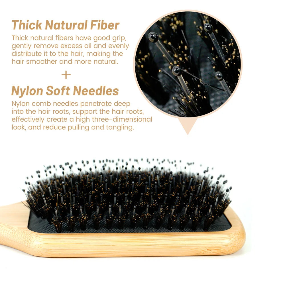 2-in-1 100% Natural Wooden Hair Brush & Rat Tail Comb Set - Professional Bristle Brush for Detangling, Scalp Massage & Hair Care