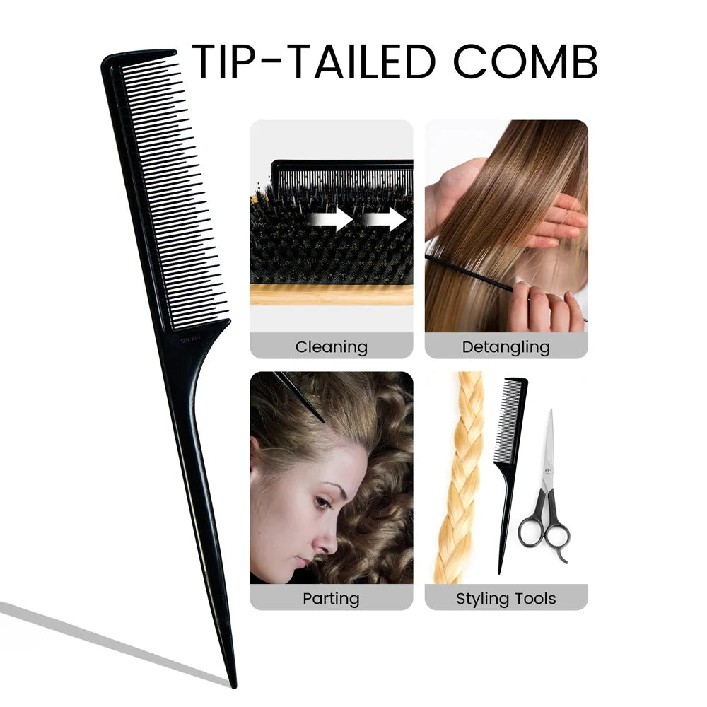 2-in-1 100% Natural Wooden Hair Brush & Rat Tail Comb Set - Professional Bristle Brush for Detangling, Scalp Massage & Hair Care